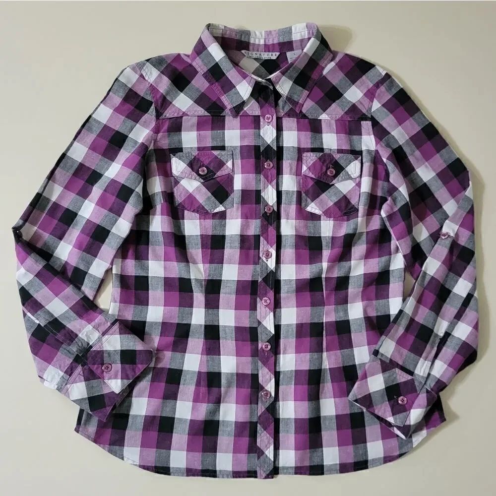 Signature by Larry Levine Purple & Black Plaid Button-Down Long Sleeve Shirt